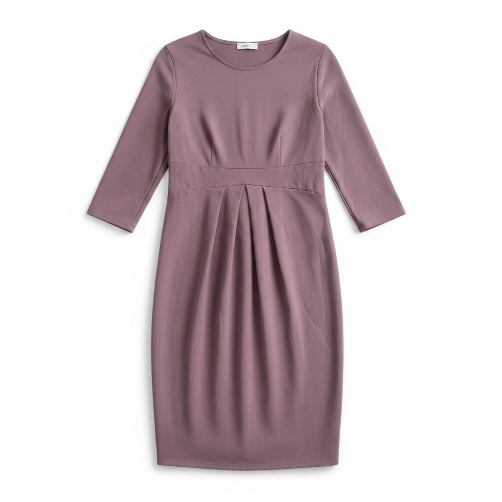 La Clef Mauve Purple Pleated Waist 3/4 Sleeve‎ Sheath Dress Large CMD1969 S